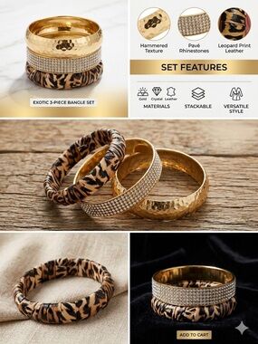 Gold Tone, Leopard & Bling 3-Bangle Bracelet Set